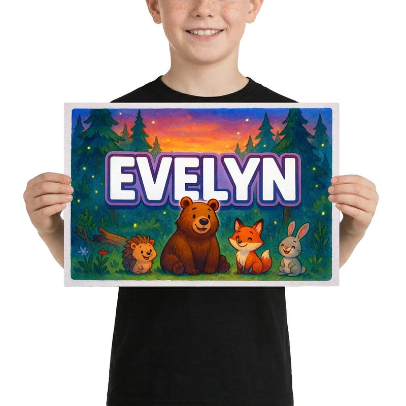 Evelyn Name Art - Forest Friends personalized wall print for kids
