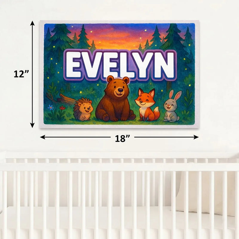 Evelyn Name Art - Forest Friends personalized wall print for kids