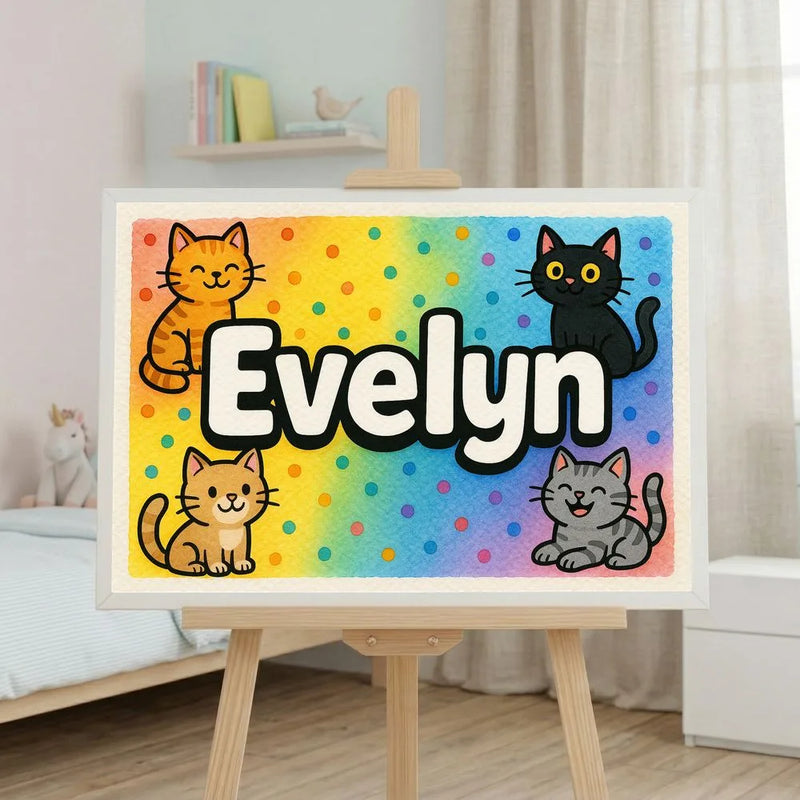 Evelyn Name Art - Colorful Cats personalized wall print for kids
