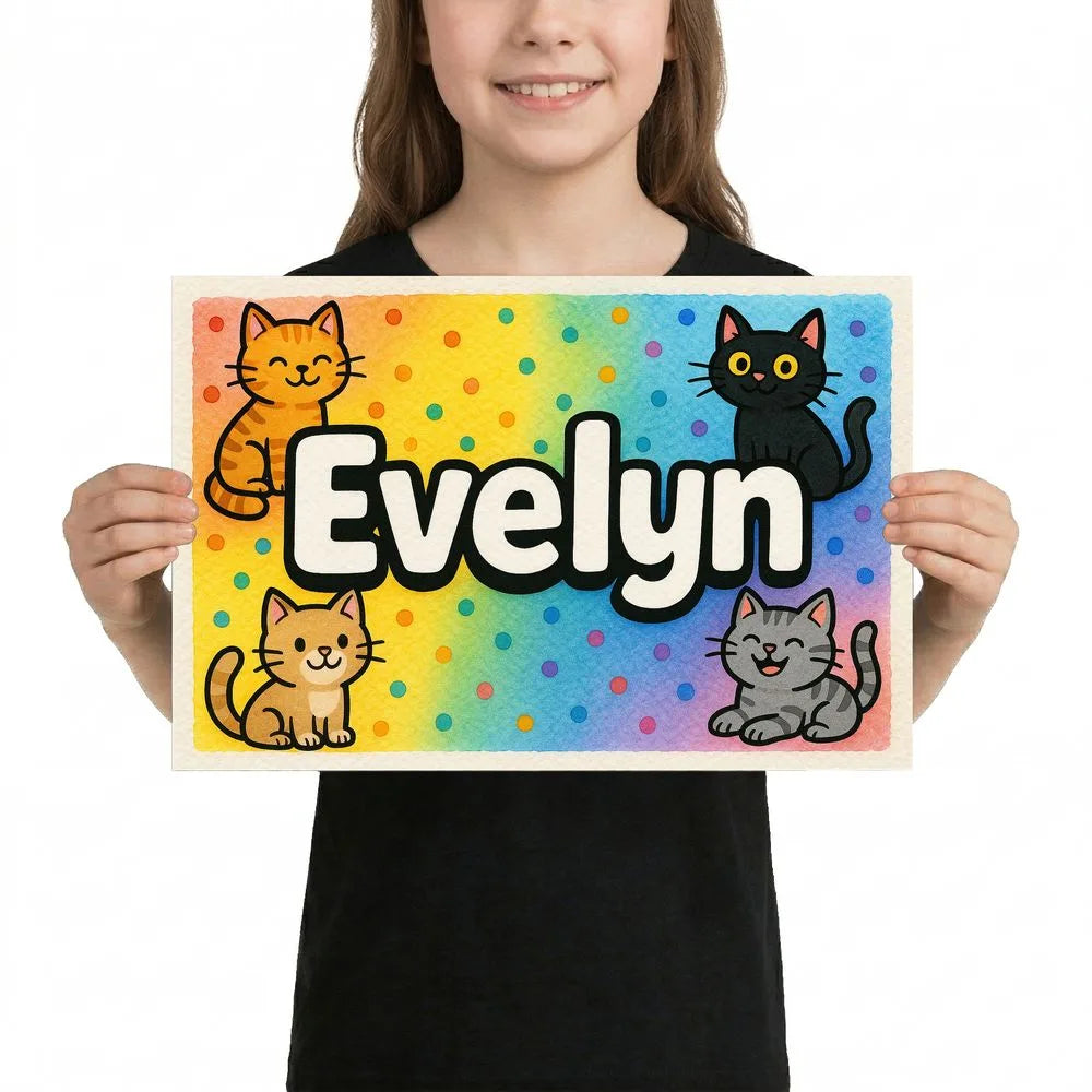 Evelyn Name Art - Colorful Cats Personalized Wall Art