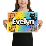 Evelyn Name Art - Colorful Cats personalized wall print for kids
