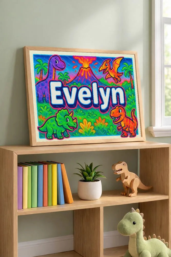 Adventurous personalized dinosaur name art for Evelyn