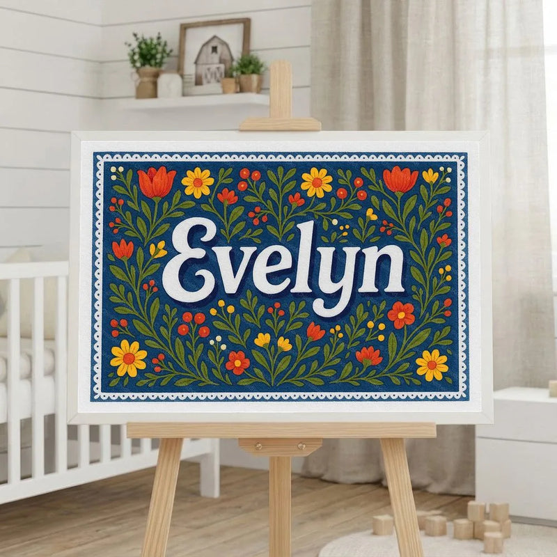 Evelyn Name Art - Floral Farmhouse personalized wall print for kids
