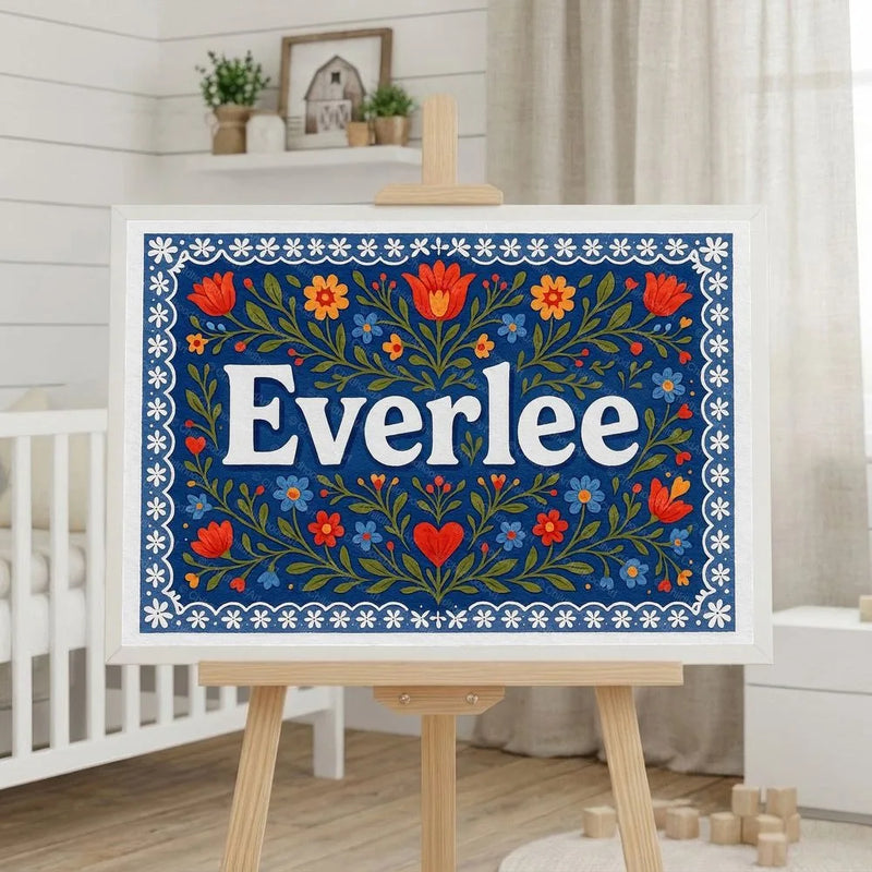 Everlee Name Art - Floral Farmhouse personalized wall print for kids