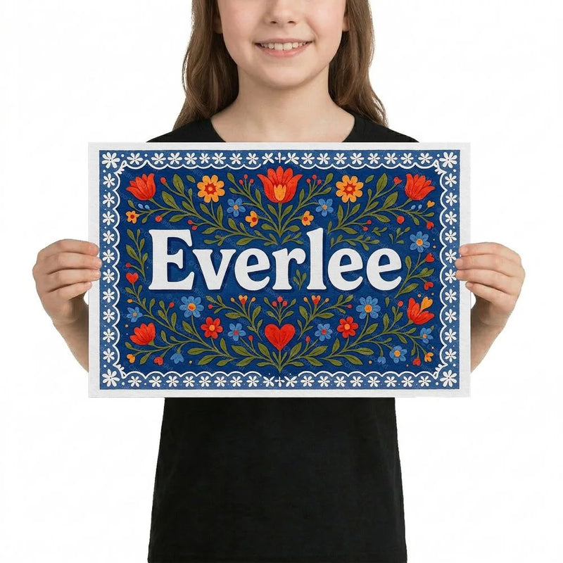 Everlee Name Art - Floral Farmhouse personalized wall print for kids