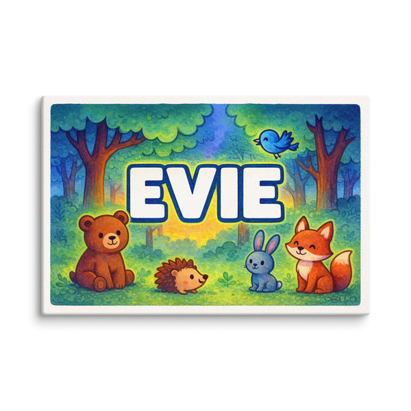 Forest friends themed name art featuring Evie