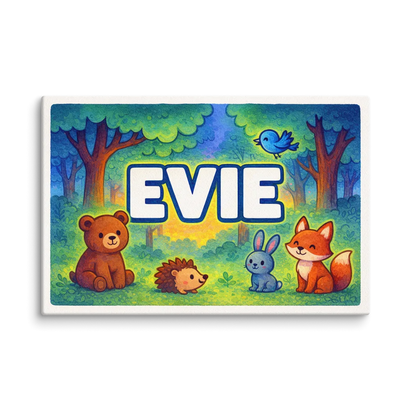 Evie Name Art - Forest Friends personalized wall print for kids