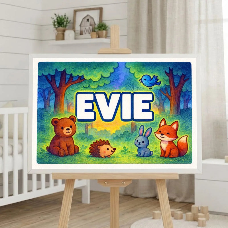 Evie Name Art - Forest Friends personalized wall print for kids