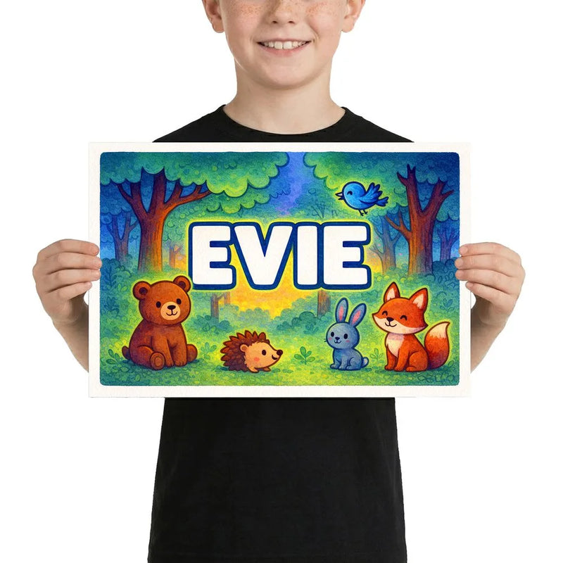 Evie Name Art - Forest Friends personalized wall print for kids