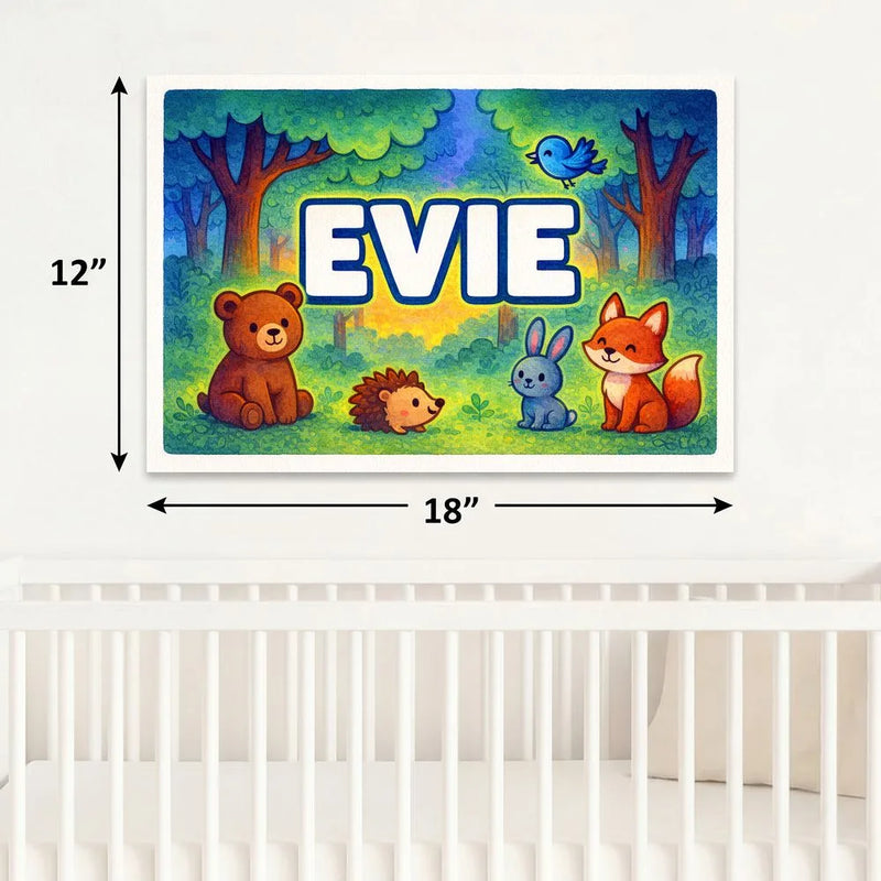 Evie Name Art - Forest Friends personalized wall print for kids
