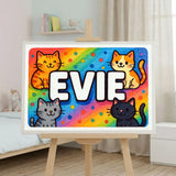 Evie Name Art - Colorful Cats personalized wall print for kids