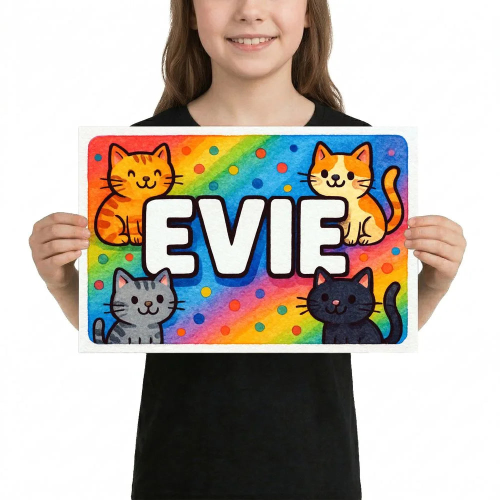 Evie Name Art - Colorful Cats Personalized Wall Art