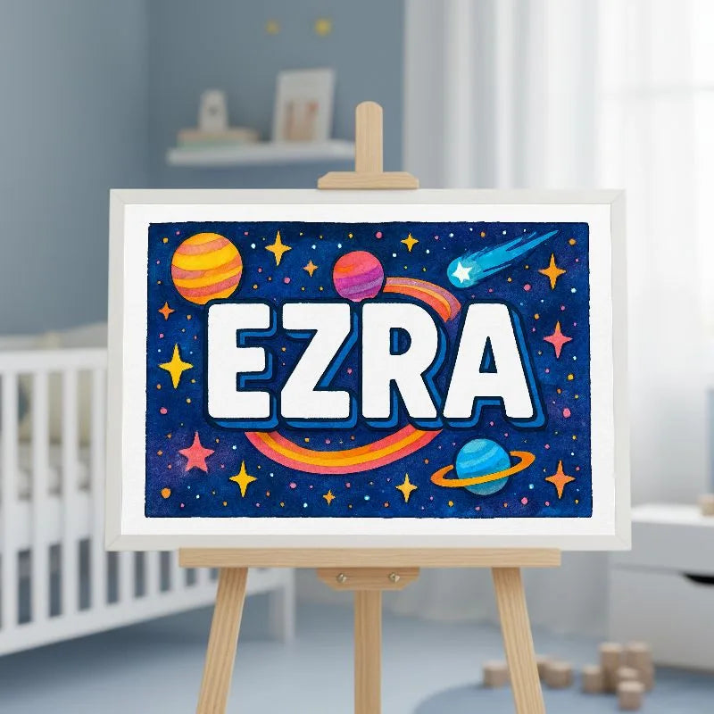 Ezra Name Art - Space Explorers personalized wall print for kids