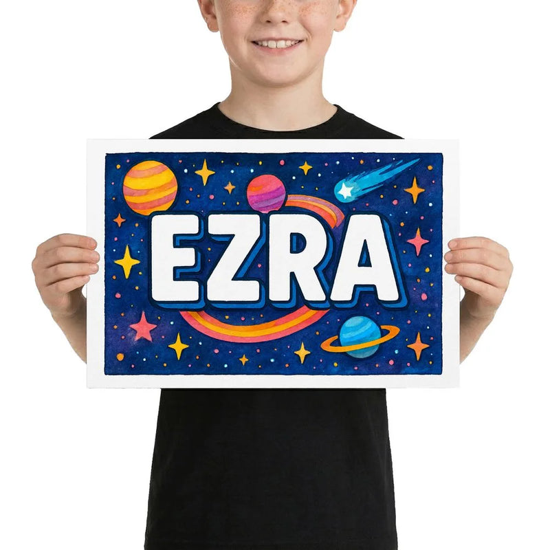 Ezra Name Art - Space Explorers personalized wall print for kids