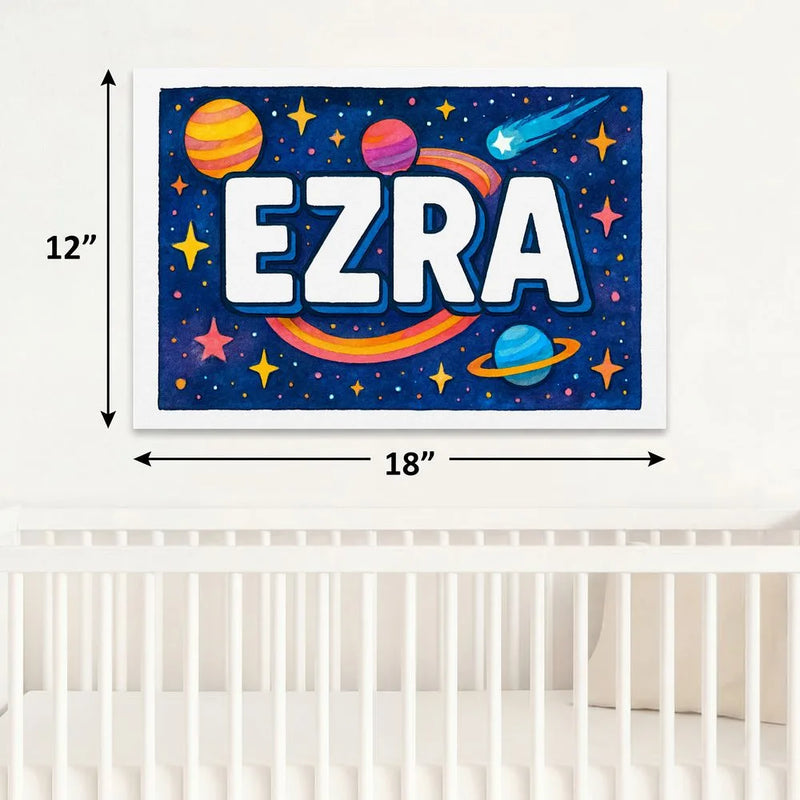 Ezra Name Art - Space Explorers personalized wall print for kids