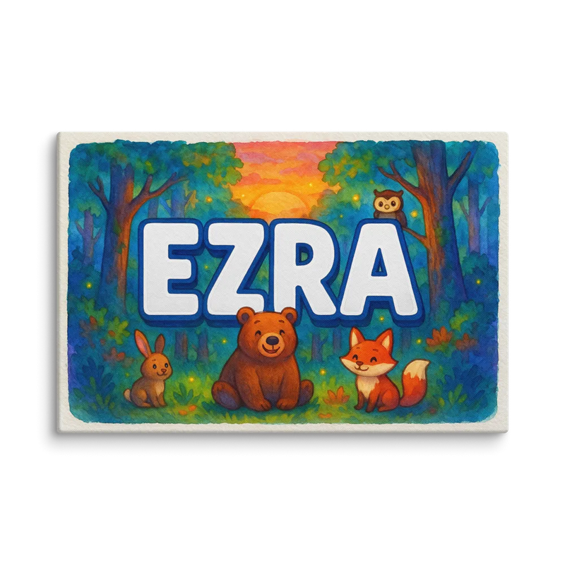 Ezra Name Art - Forest Friends personalized wall print for kids