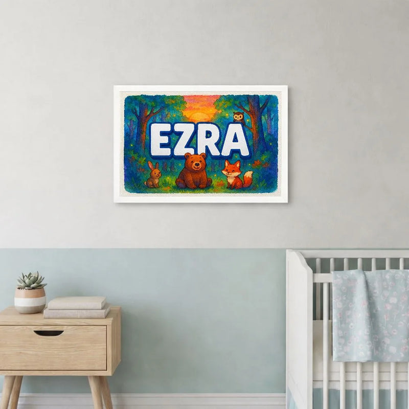 Ezra Name Art - Forest Friends personalized wall print for kids