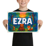 Ezra Name Art - Forest Friends personalized wall print for kids