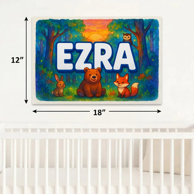 Ezra Name Art - Forest Friends personalized wall print for kids