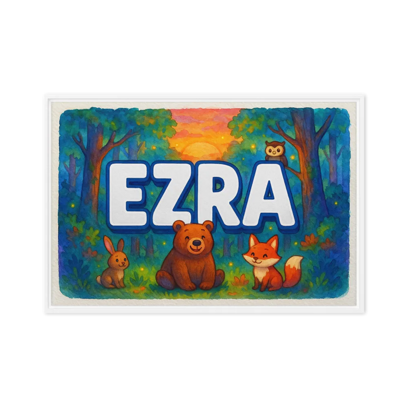 Ezra Name Art - Forest Friends personalized wall print for kids