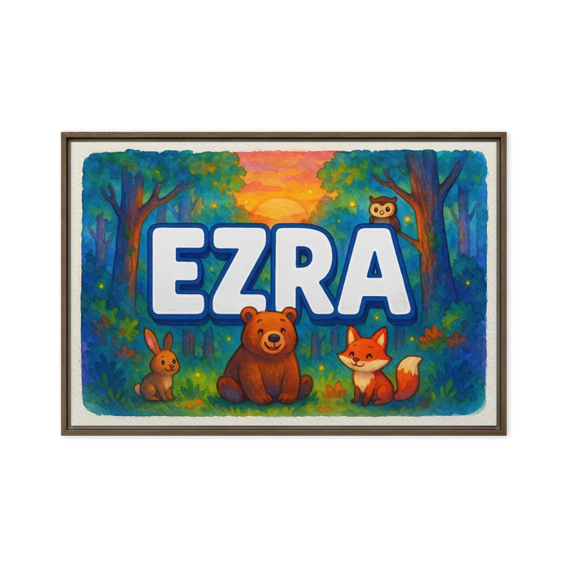 Ezra Name Art - Forest Friends personalized wall print for kids