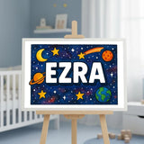 Ezra Name Art - Space Explorers personalized wall print for kids