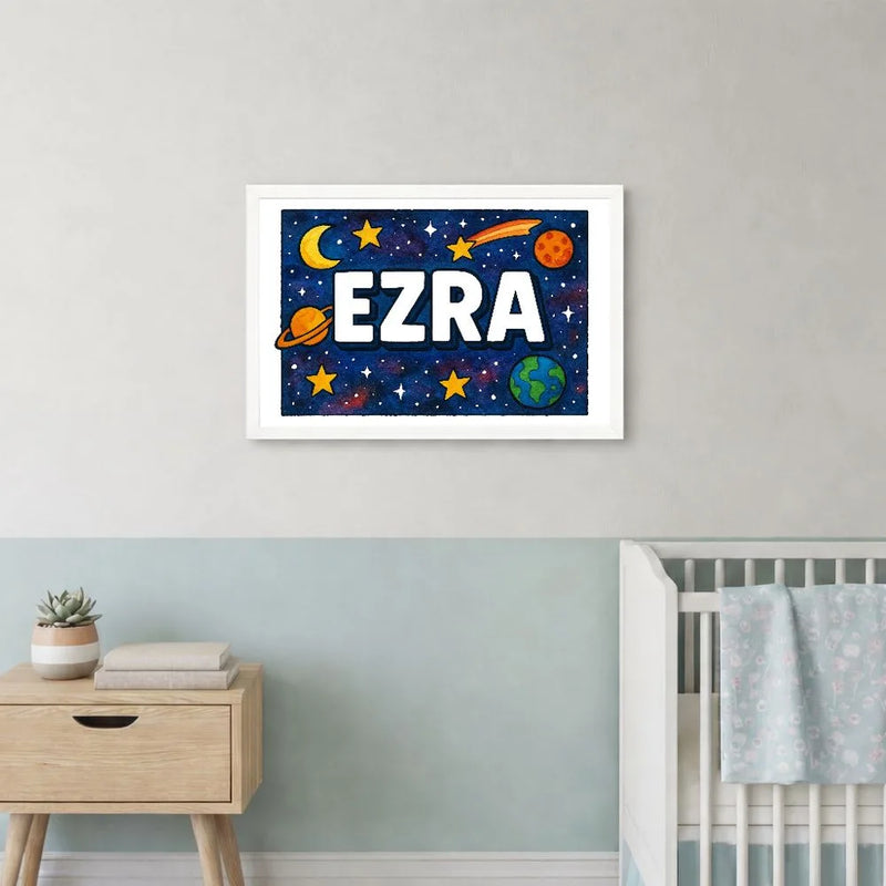 Ezra Name Art - Space Explorers personalized wall print for kids
