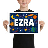 Ezra Name Art - Space Explorers personalized wall print for kids