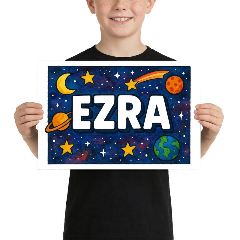 Ezra Name Art - Space Explorers personalized wall print for kids