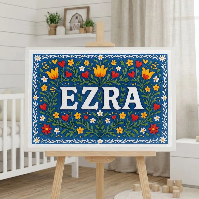 Ezra Name Art - Floral Farmhouse personalized wall print for kids