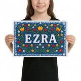 Ezra Name Art - Floral Farmhouse personalized wall print for kids