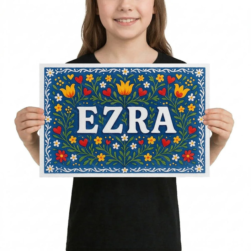 Ezra Name Art - Floral Farmhouse personalized wall print for kids