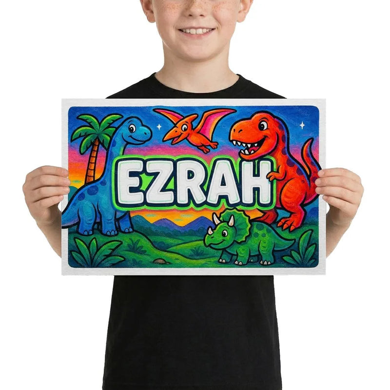 Ezrah Name Art - Dinosaur Adventure personalized wall print for kids