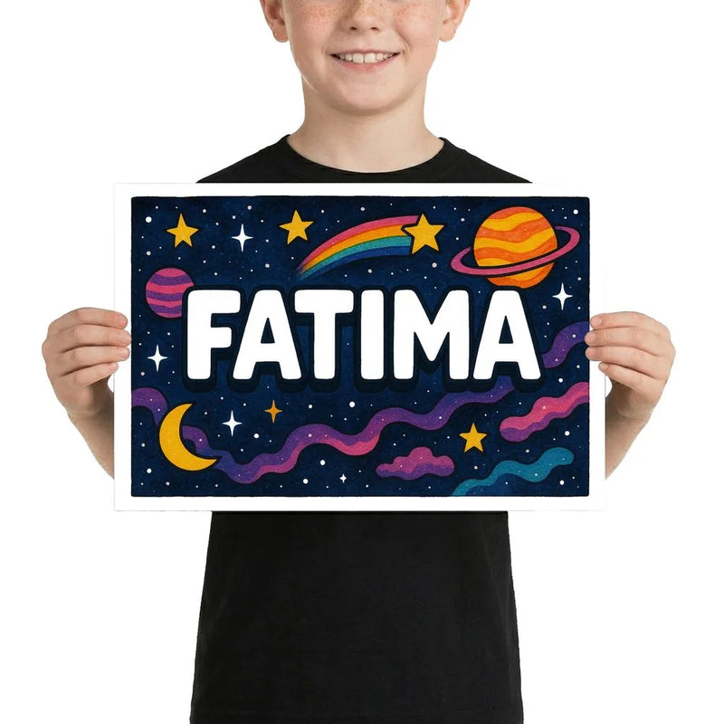 Fatima Name Art - Space Explorers personalized wall print for kids