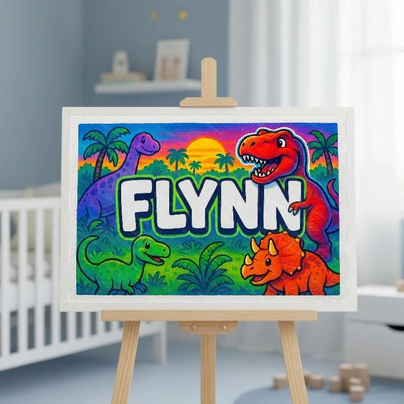 Flynn Name Art - Dinosaur Adventure personalized wall print for kids
