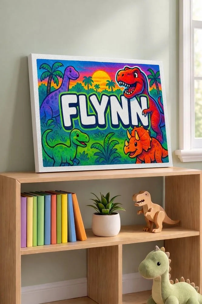 Flynn Name Art - Dinosaur Adventure personalized wall print for kids