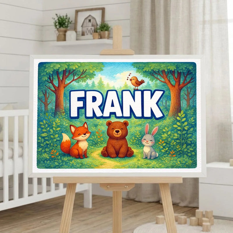 Frank Name Art - Forest Friends personalized wall print for kids