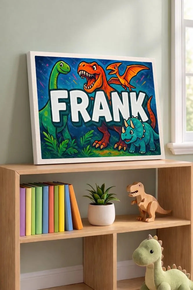 Frank Name Art - Dinosaur Adventure personalized wall print for kids
