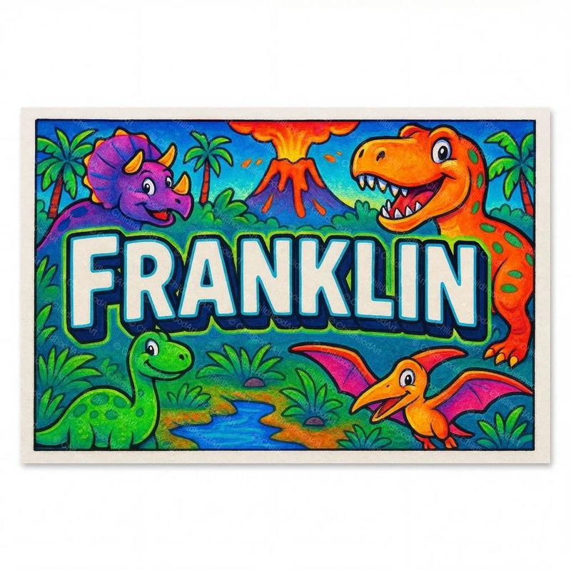 Franklin Name Art - Dinosaur Adventure personalized wall print for kids