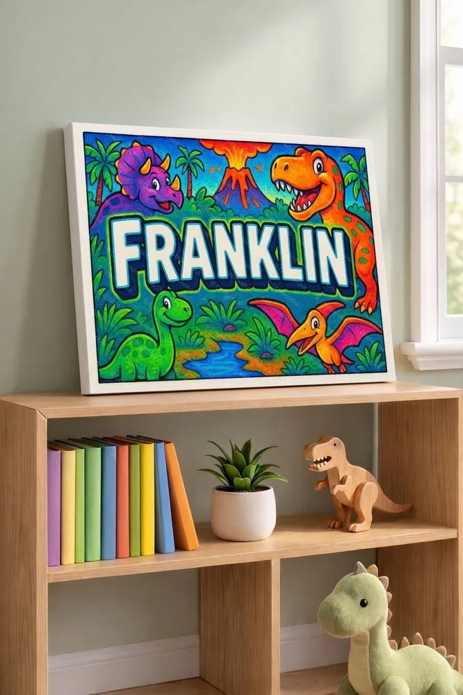 Franklin Name Art - Dinosaur Adventure personalized wall print for kids