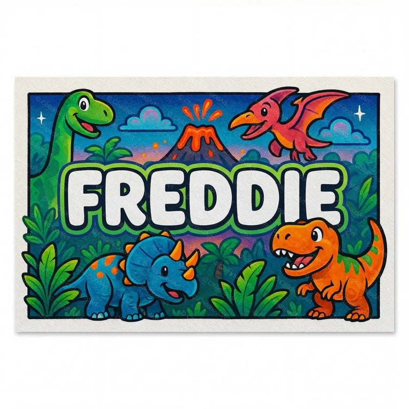 Freddie Name Art - Dinosaur Adventure personalized wall print for kids