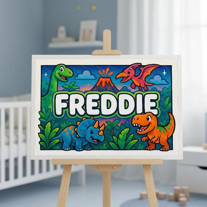Freddie Name Art - Dinosaur Adventure personalized wall print for kids
