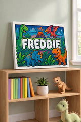 Freddie Name Art - Dinosaur Adventure personalized wall print for kids
