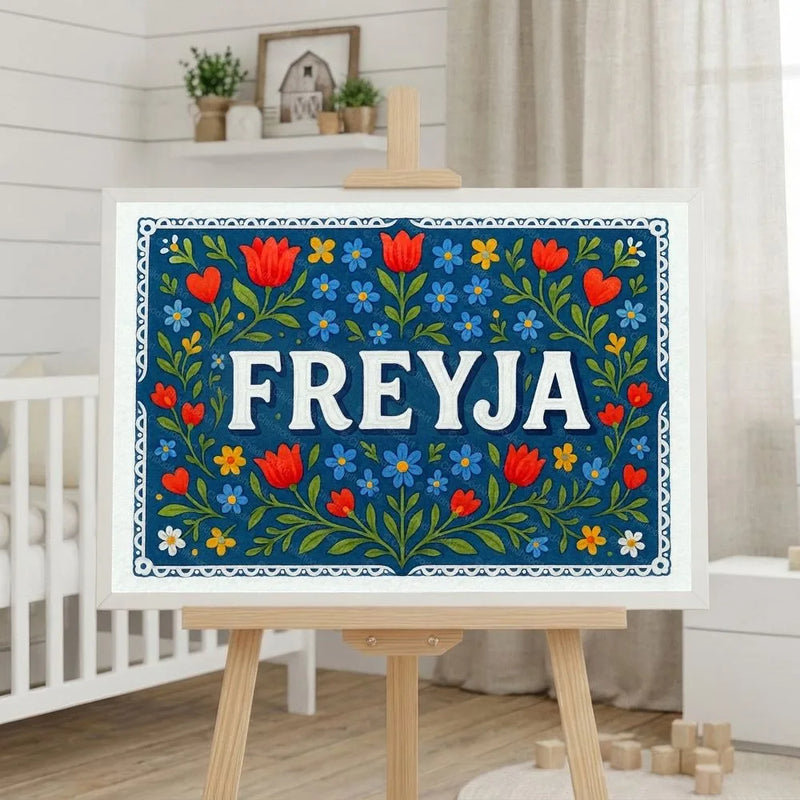 Freyja Name Art - Floral Farmhouse personalized wall print for kids