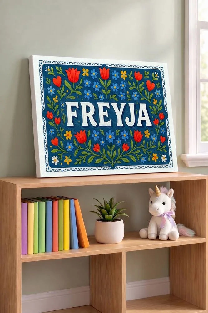 Freyja Name Art - Floral Farmhouse personalized wall print for kids