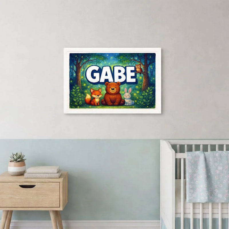 Gabe Name Art - Forest Friends personalized wall print for kids