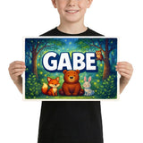 Gabe Name Art - Forest Friends personalized wall print for kids