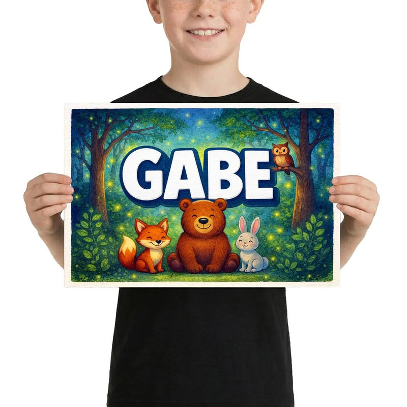 Gabe Name Art - Forest Friends personalized wall print for kids