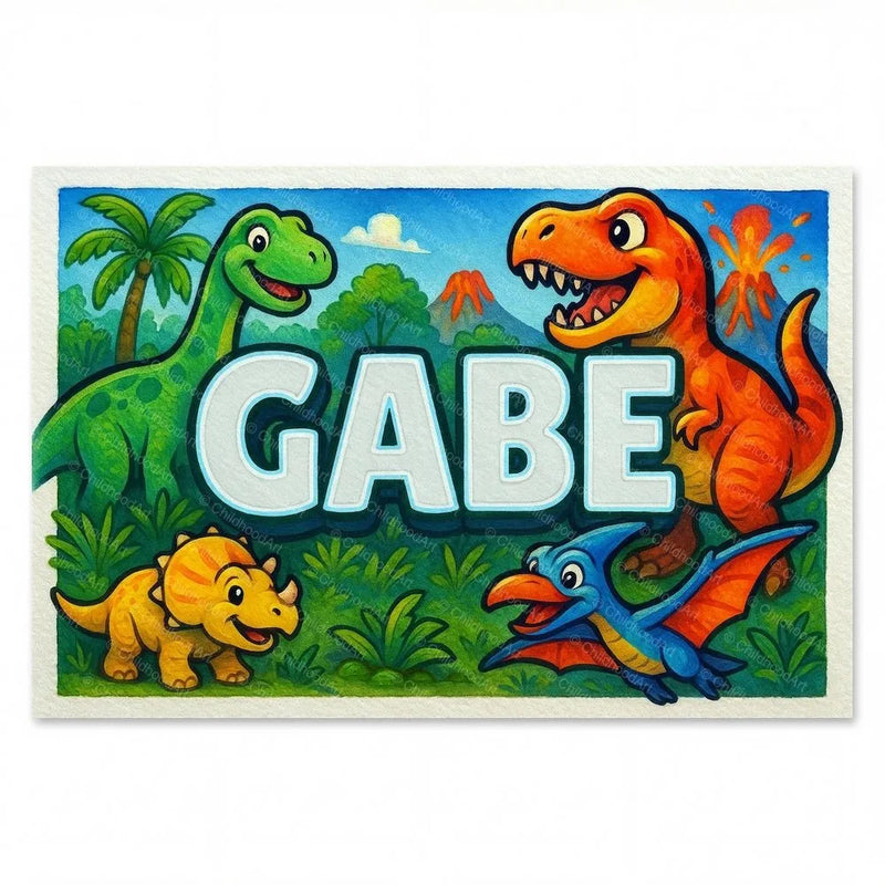 Gabe Name Art - Dinosaur Adventure personalized wall print for kids