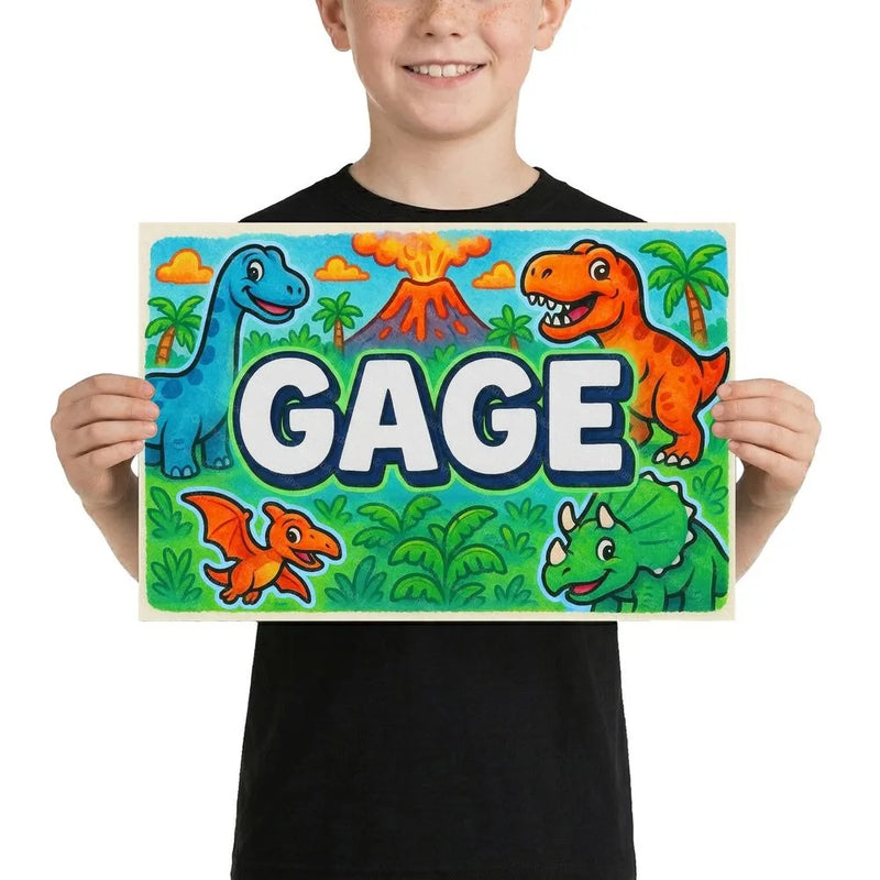 Gage Name Art - Dinosaur Adventure personalized wall print for kids